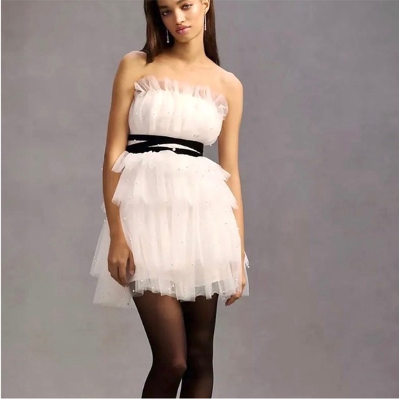 NWT Anthropologie Maeve Tiered Strapless Tulle Pearl Belted Mini Dress White 8